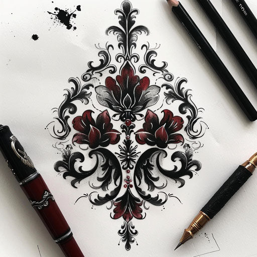Black clover with baroque ornamental details in deep red