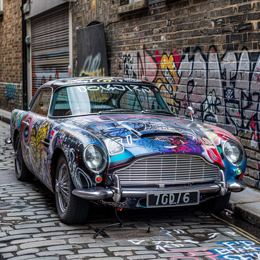 Graffiti-covered Aston Martin DB6, blend of classic car culture and urban art, displayed in an alley