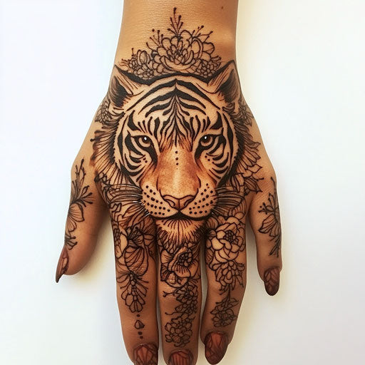 Henna hand tattoo with fierce tiger and floral designs