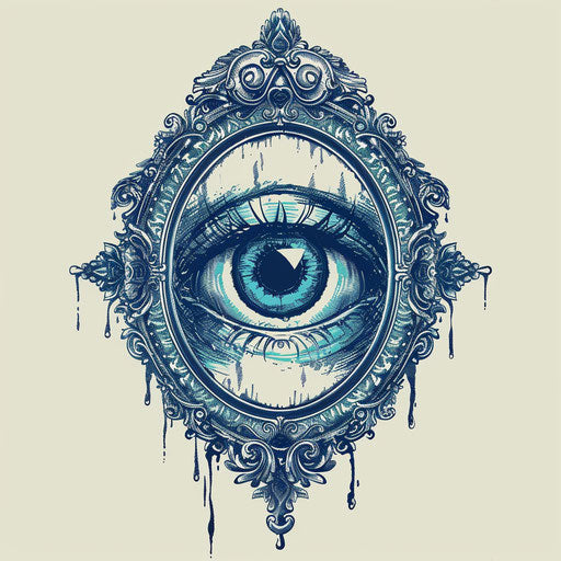 Symbolic mirror tattoo with eye, mystical introspection