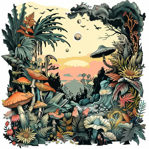 Surreal tattoo sketch of jungle with fantastical creatures