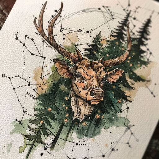Enchanted tattoo sketch of the Taurus constellation with a forest theme and natural green and brown colors