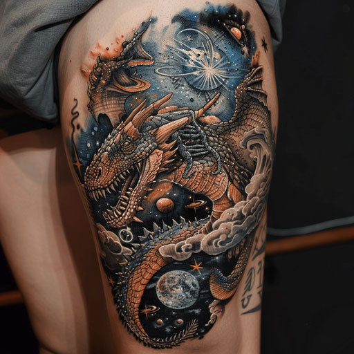Surreal and otherworldly thigh tattoos for men