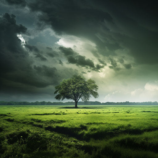 Green field with tree under storms - zen influence