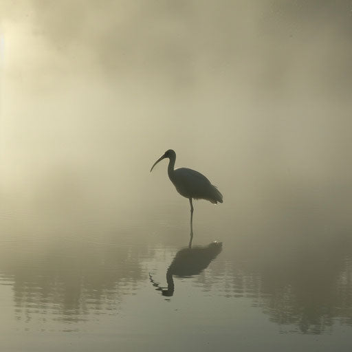Ibis in a misty morning scene with an ethereal atmosphere