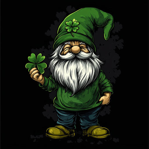 St. Patrick's Day gnome with peace sign holding four-leaf clover poster on black background