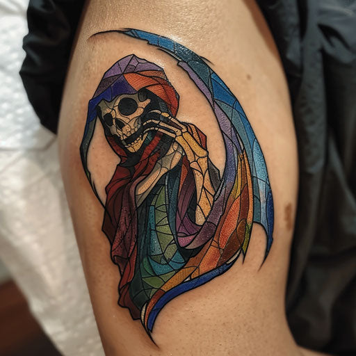 Reaper tattoo in stained glass style with vibrant colors