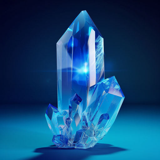 On a flat, royal blue background, a photo realistic crystal clipart shines with enhanced vibrancy