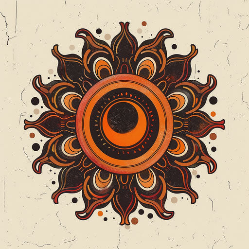 Retro 70s clipart style flat tattoo sketch with bold orange and brown sun motifs