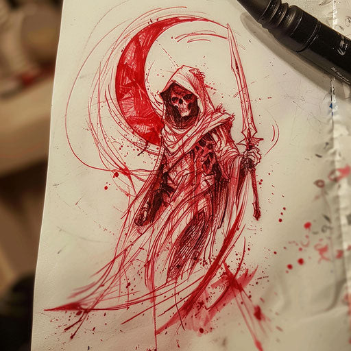 Monochromatic red reaper death seal tattoo sketch