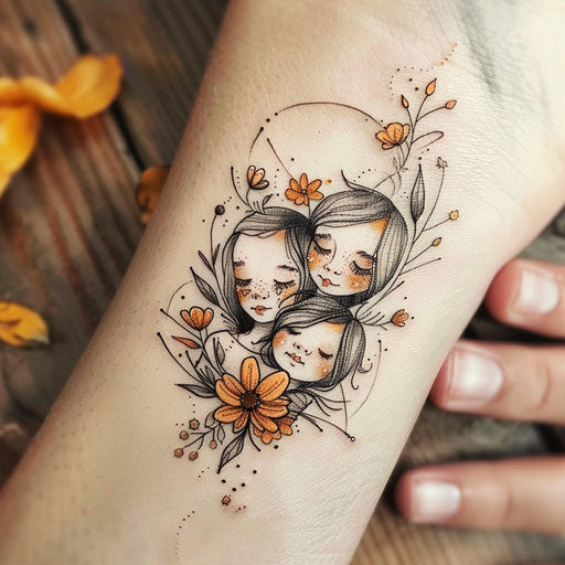 Flat tattoo sketch of three children with floral theme