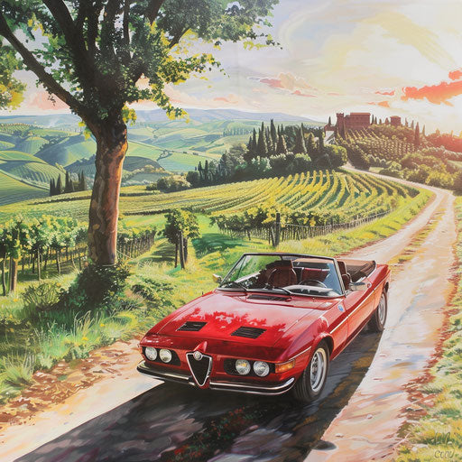 Shiny Alfa Romeo Alfasud roadster under the Tuscan sun, surrounded by rolling vineyards.