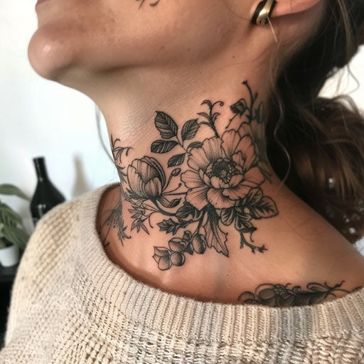 Throat tattoos with botanical details, Maria Sibylla Merian style