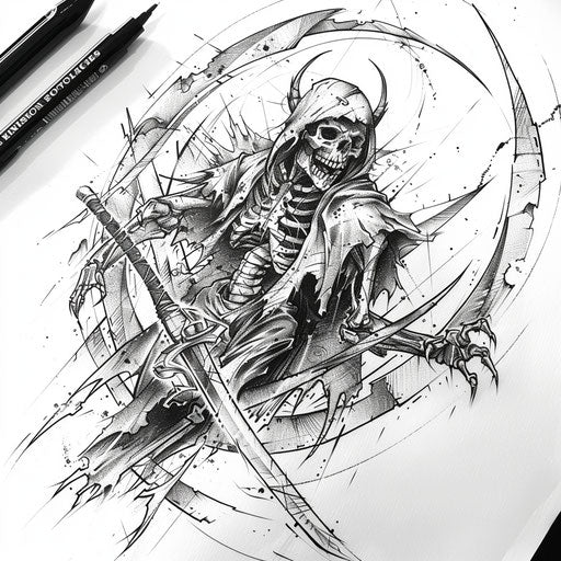 Sports-inspired reaper death seal tattoo sketch