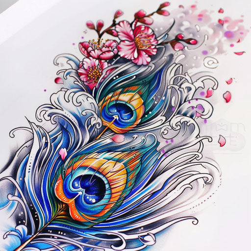 Japanese-inspired peacock feather tattoo sketch with waves and cherry blossom accents