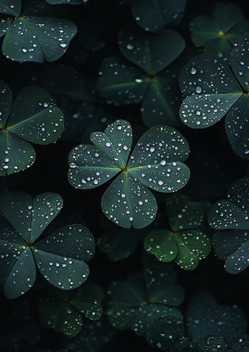Shamrock, four-leaf clover, water droplets, dark background, simple and elegant hyperrealistic photo
