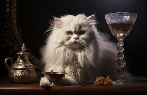 The fluffy white cat on top of a glass, with exaggerated features