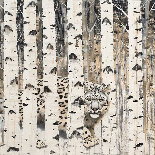 Snow leopard blending in white birch forest