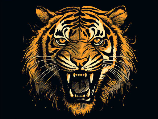 Black and gold tiger portrait on light background, bold outline style