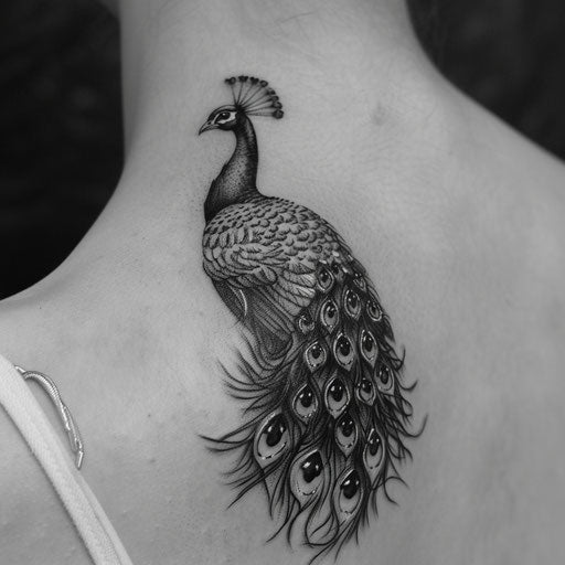 Black and white peacock tattoo, highlighting shadows and contrast