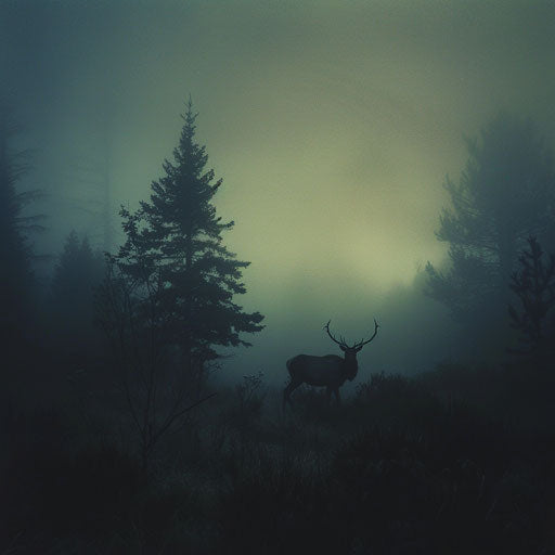 A deer moving silently through a foggy forest at dawn, a ghostly presence
