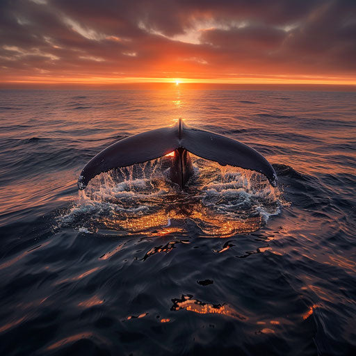 Whale tail fluke disappearing into the ocean at sunset