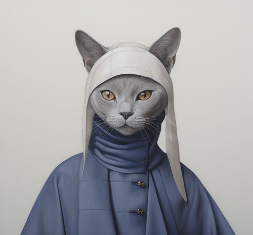 The grey cat in front of a white background, light indigo and dark gold style