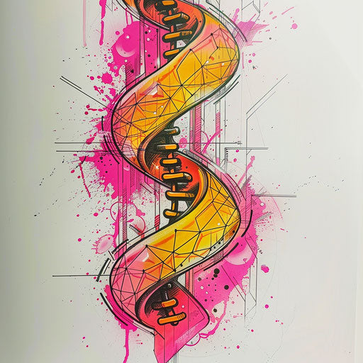 Neon pink and yellow DNA tattoo sketch in bold graphic style