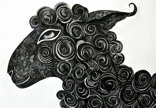 Black sheep with curling hair - decorative abstraction