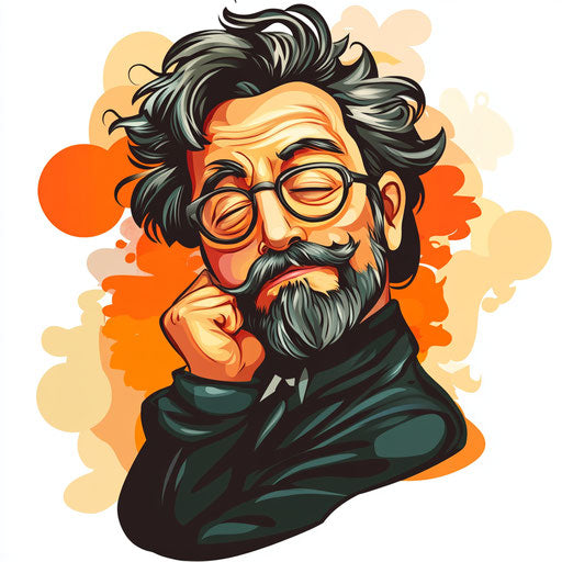 Humorous caricature of an Anton Chekhov caricature clipart with human characteristics, exaggerated chubby cheeks, thin arms, colorful backdrop, vibrant colors, cartoon style, winking, high-resolution, no background, isolated