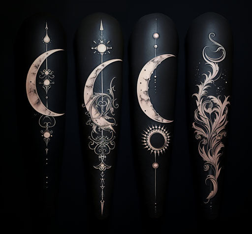 Four crescent tattoos with floral details