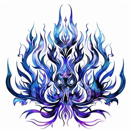 Blue and purple flames in an intricate tattoo design