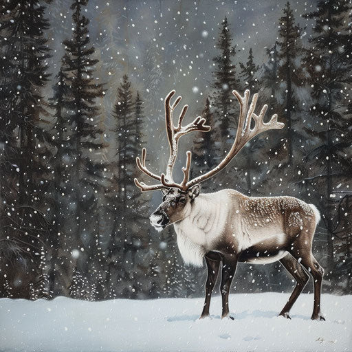 Woodland caribou standing alert in snowy clearing