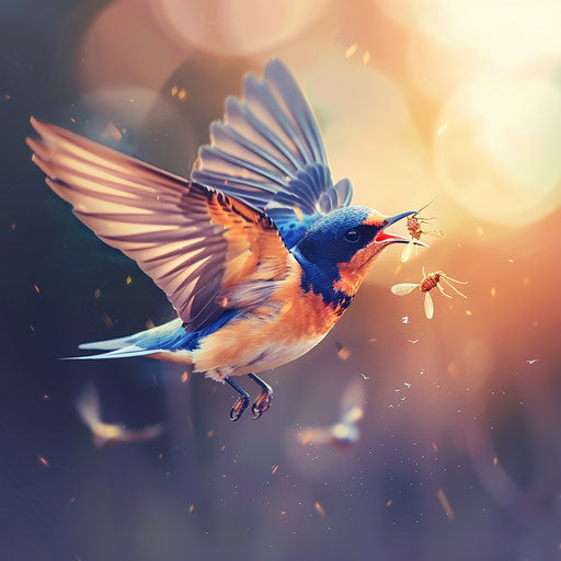 Barn swallow feeding on insects in mid-air