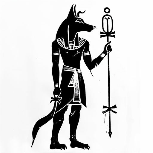 Anubis silhouette holding an ankh on white background