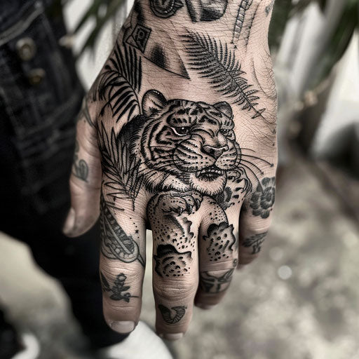 Finger tattoo with fierce animal designs, in the style of Ami James