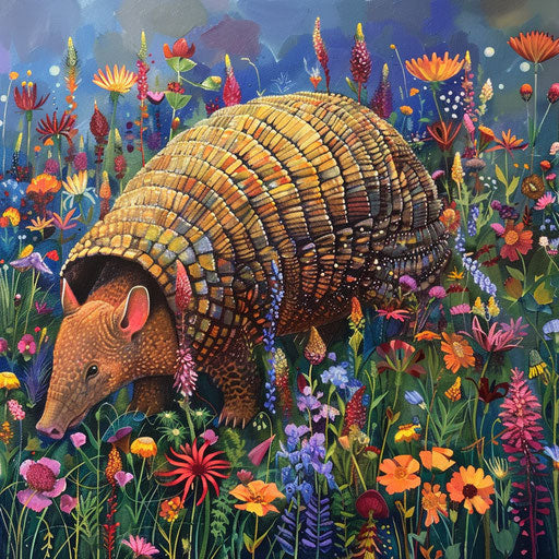 An armadillo exploring a colorful wildflower garden in full bloom
