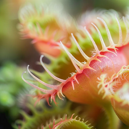 Venus flytrap closing on trigger hairs in green background