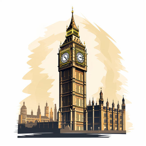 Big Ben illustration in the style of Chiaroscuro Art, on white background