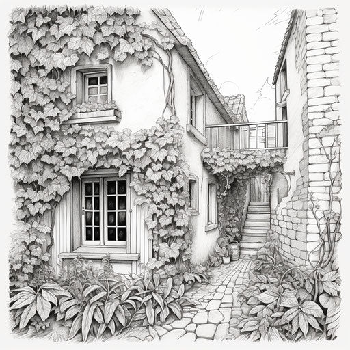 House coloring page with ivy border