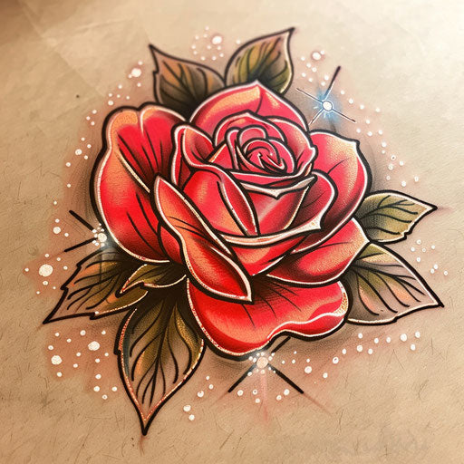 Traditional sparkle tattoo sketch of rose in red and pink tones