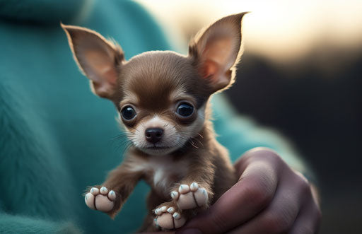 Brown and white chihuahua puppy holding a toy
