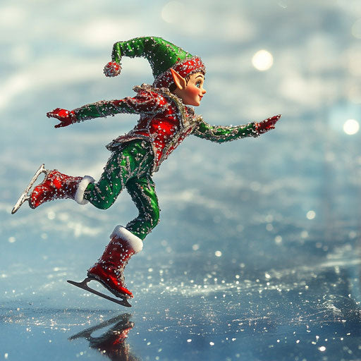 An elf ice skating on a frozen pond, his green and red outfit sparkling with tiny ice crystals.