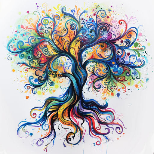 Psychedelic tree of life with vibrant colors and swirling patterns