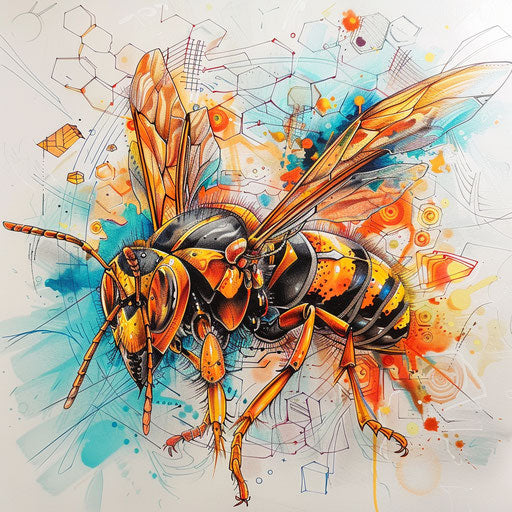 Fantasy tattoo sketch of a wasp with mythical elements and vibrant, magical colors