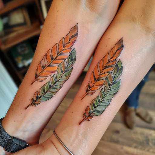 Matching tattoos for feathered friends, in the style of Guy Aitchison