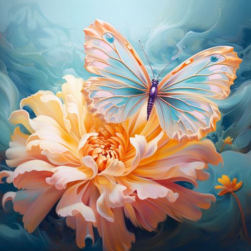 Golden orange flower with butterfly, dreamy symbolism