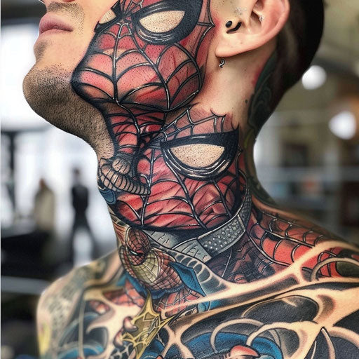Men's neck tattoo depicting dynamic superhero action, in the style of Humberto Ramos