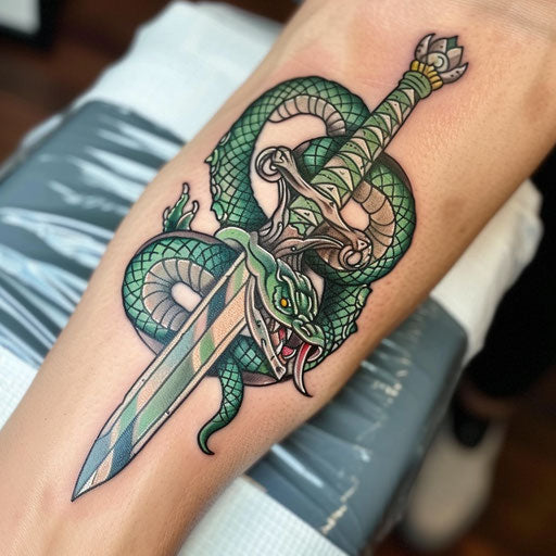 A neo-traditional tattoo of a serpent coiling around a dagger, in metallic shades of silver and green, on a white background.