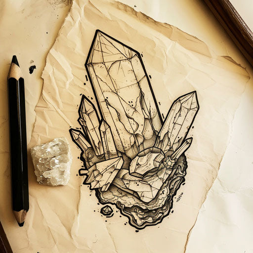Tribal flat tattoo sketch of a raw crystal with bold black outlines and traditional motifs